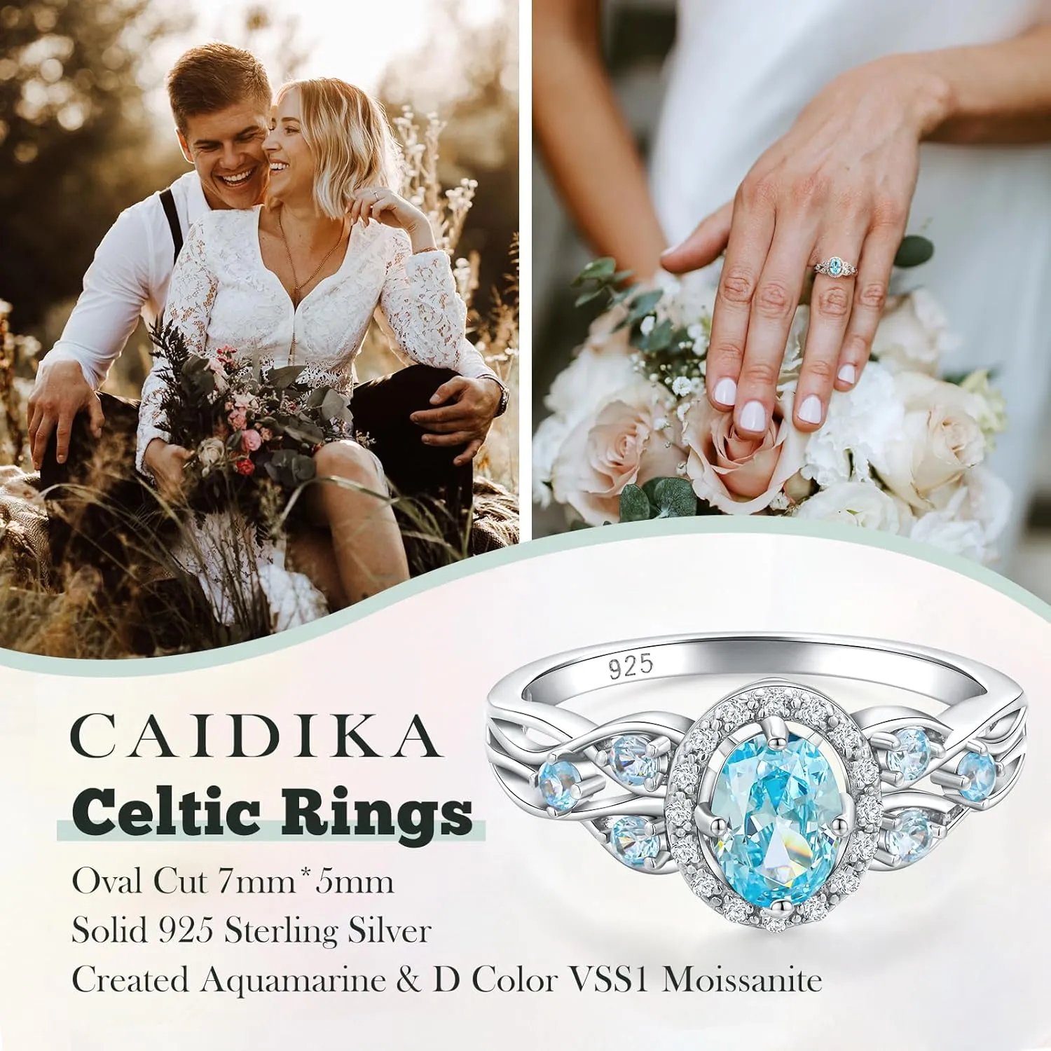 Aquamarine/Amethyst/Emerald/Sapphire/Ruby Engagement Ring for Women, 925 Sterling Silver Celtic Knot Ring Moissanite Inlaid Oval Shaped Birthstone Gemstone Cocktail Statement Rings