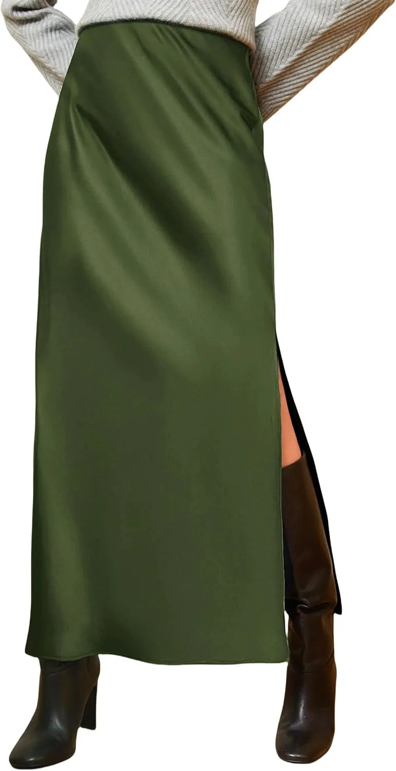 ATHX Women's Satin Long Skirt Dressy 2024 Summer High Waisted Silk A Line Split Elegant Maxi Skirts
