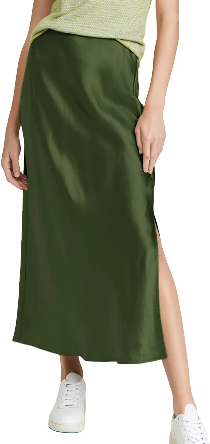 ATHX Women's Satin Long Skirt Dressy 2024 Summer High Waisted Silk A Line Split Elegant Maxi Skirts