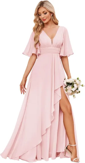 AUMEELAM Women's Flutter Sleeve Bridesmaid Dresses for Wedding Ruffled Chiffon Evening Formal Gowns with Slit