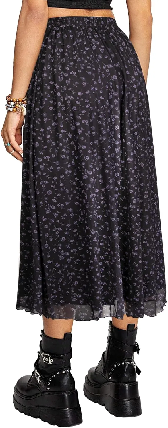 Avanova Women Mesh High Waist A Line Midi Skirt Swing Flared Long Skirts