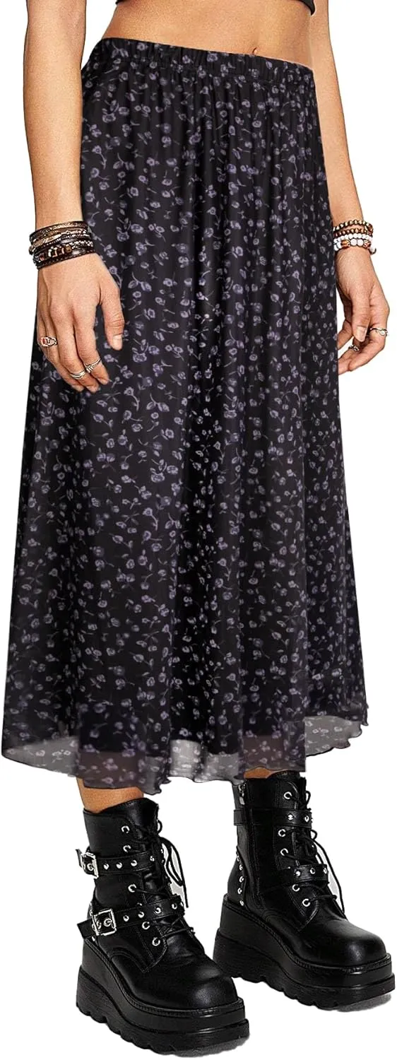 Avanova Women Mesh High Waist A Line Midi Skirt Swing Flared Long Skirts