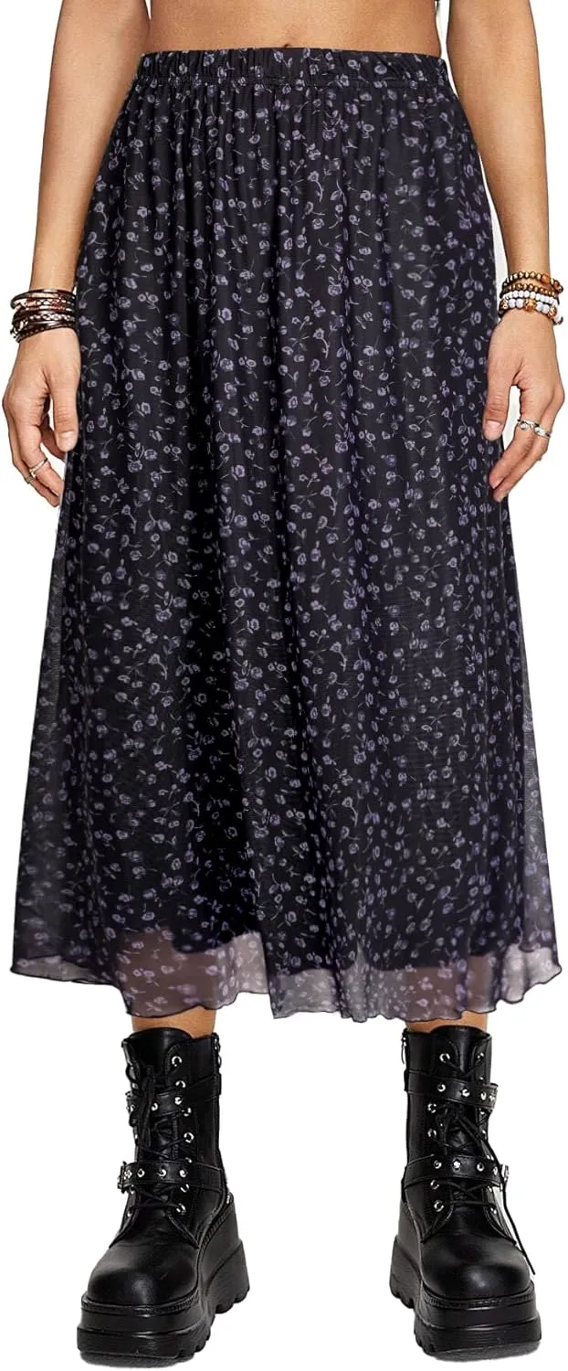 Avanova Women Mesh High Waist A Line Midi Skirt Swing Flared Long Skirts