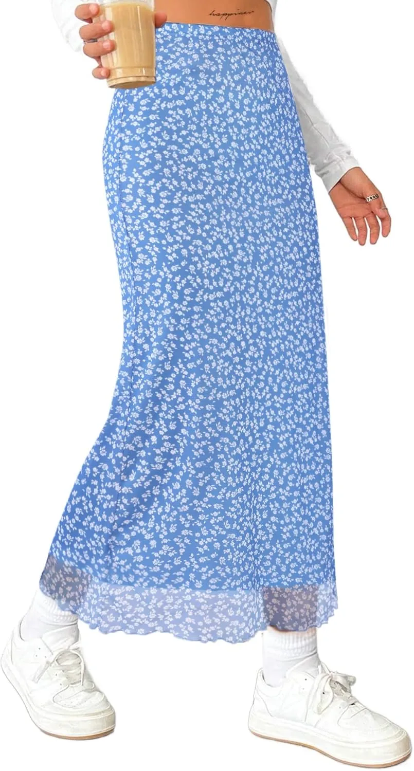 Avanova Women's Mesh Slit Split Long Skirts High Waisted Sexy Summer Maxi Skirts