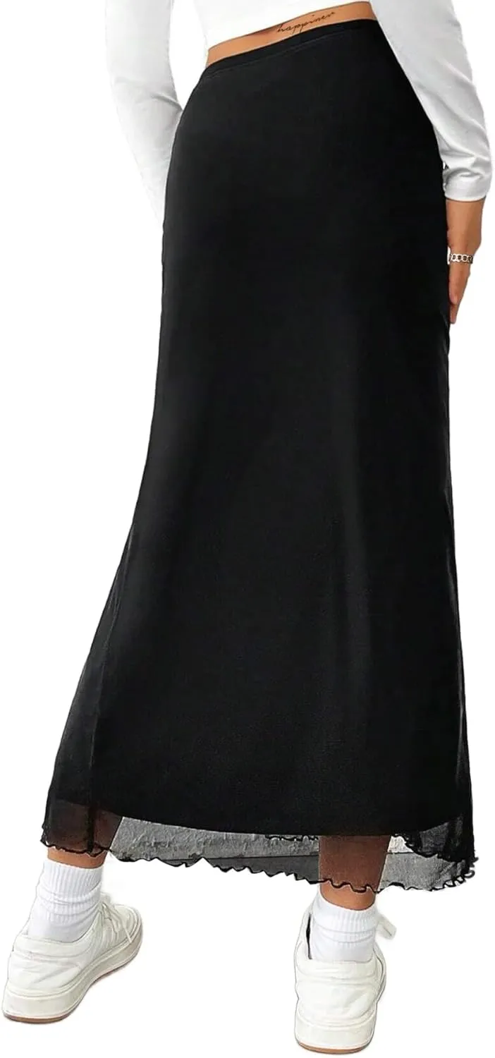 Avanova Women's Mesh Slit Split Long Skirts High Waisted Sexy Summer Maxi Skirts