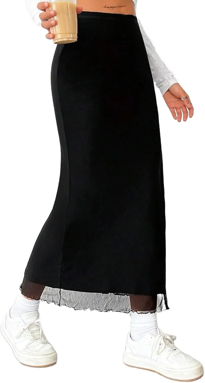 Avanova Women's Mesh Slit Split Long Skirts High Waisted Sexy Summer Maxi Skirts