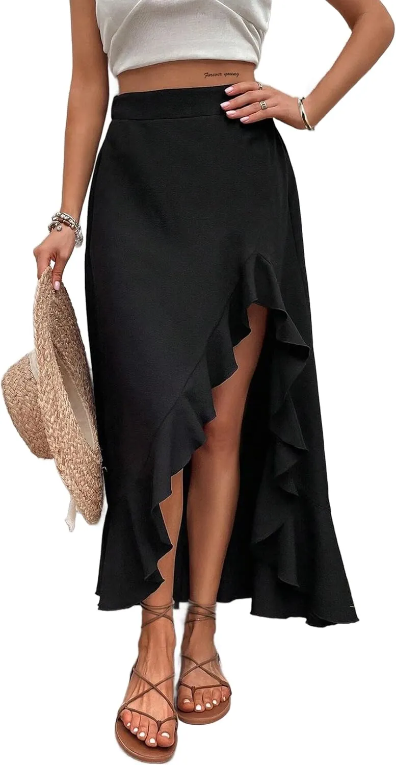 Avanova Women's Slit Split Ruffle Long Skirts High Waisted Summer Flowy Maxi Skirts