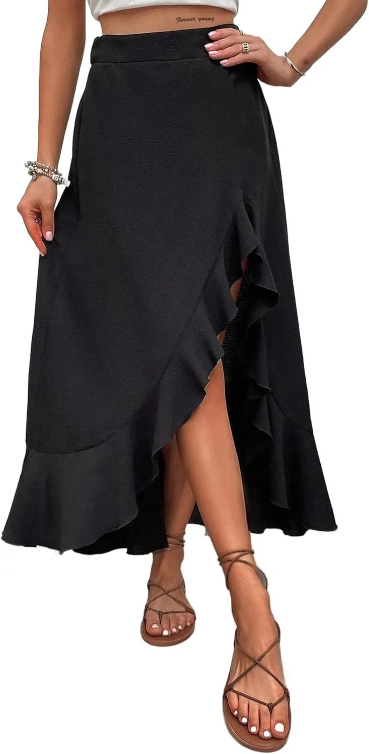 Avanova Women's Slit Split Ruffle Long Skirts High Waisted Summer Flowy Maxi Skirts