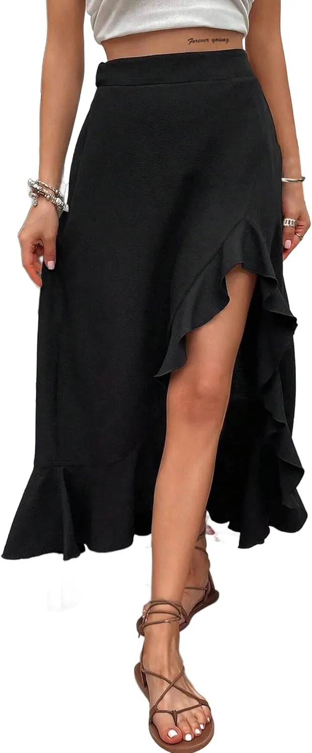 Avanova Women's Slit Split Ruffle Long Skirts High Waisted Summer Flowy Maxi Skirts