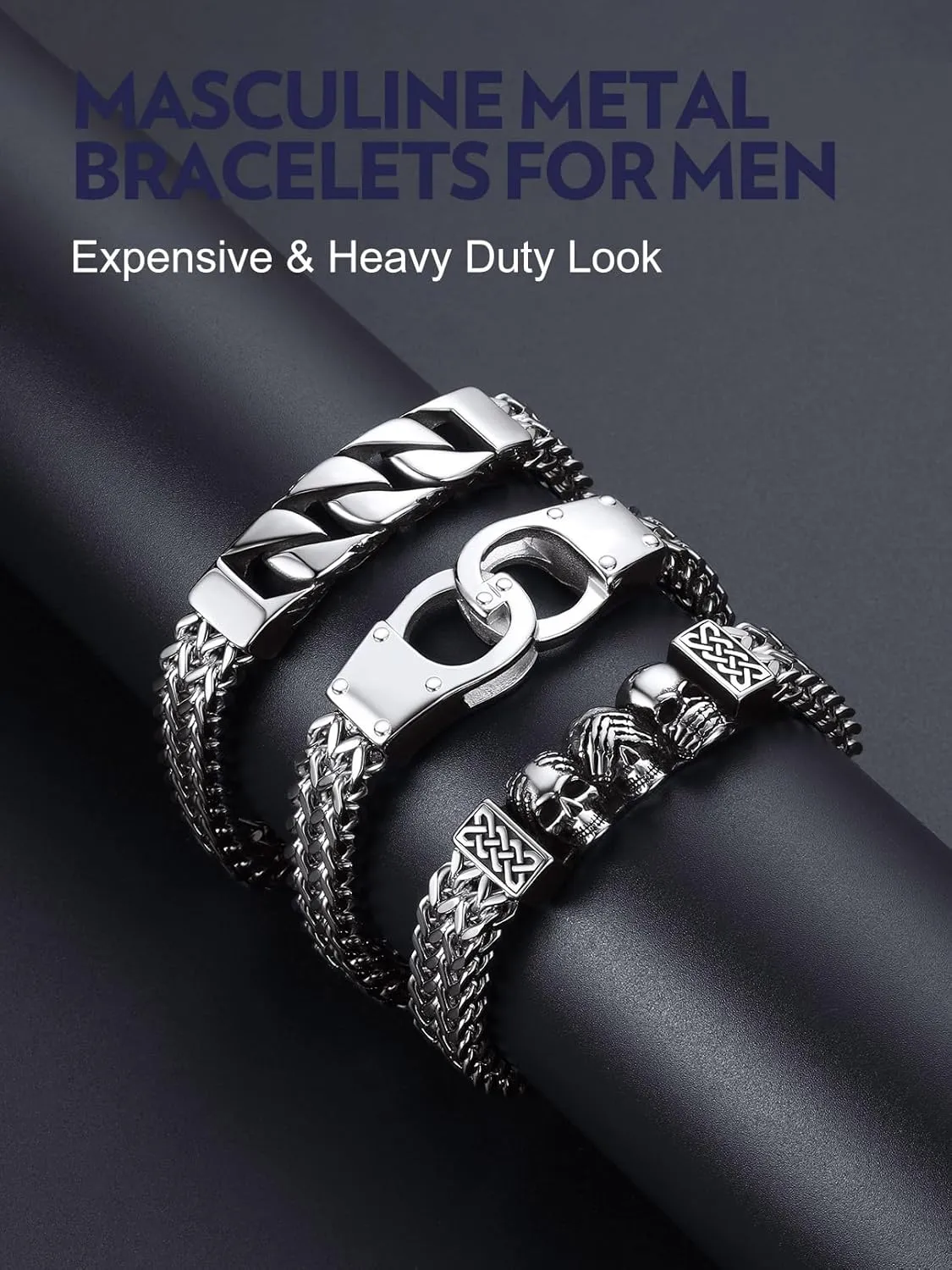 Bandmax Stainless Steel Chunky Heavy Duty Chain Bracelets for Men Handcuffs/Skulls/Celtic Knot Pendant Bracelets Biker Rapper Hip Hop Jewelry