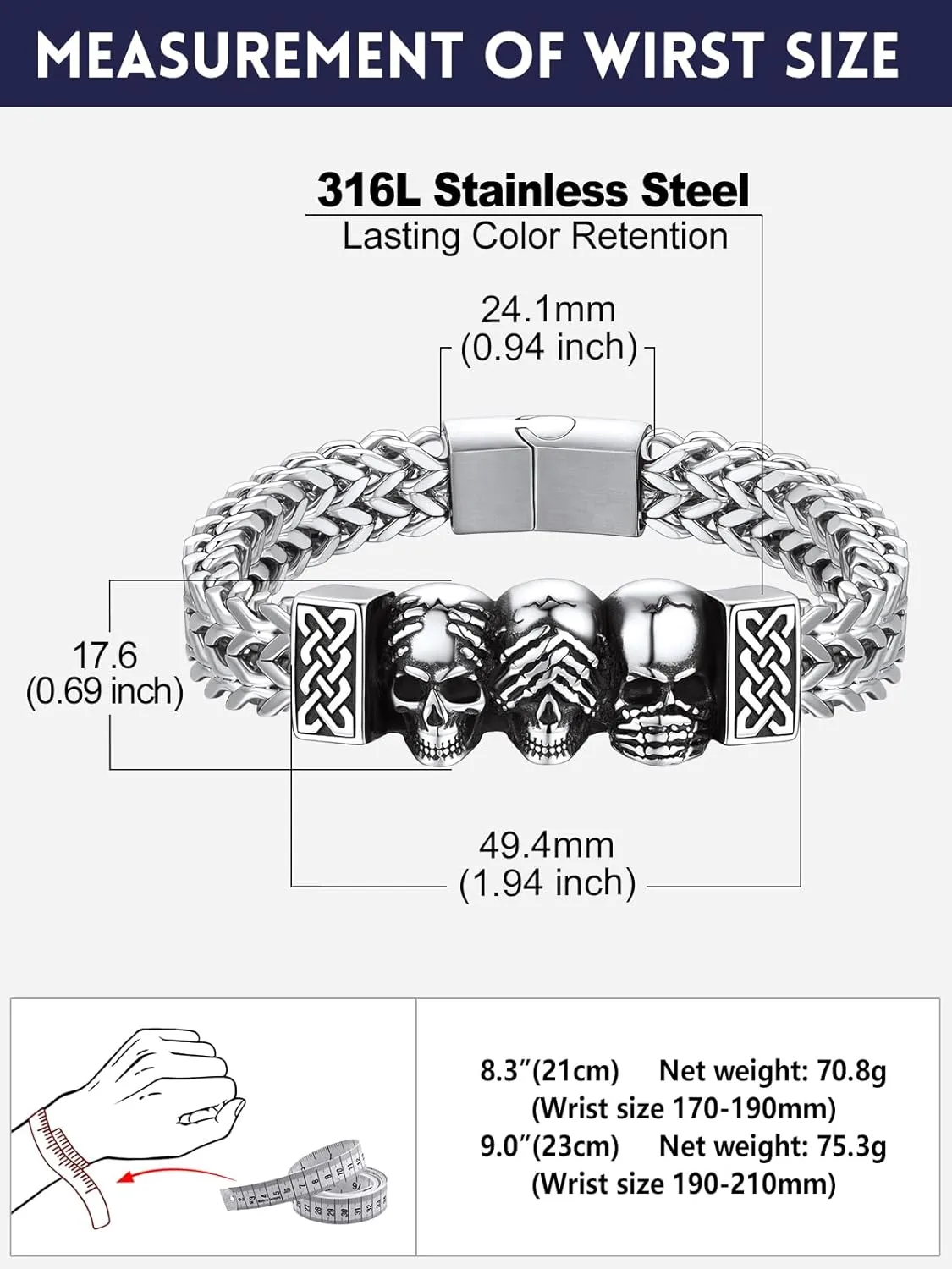 Bandmax Stainless Steel Chunky Heavy Duty Chain Bracelets for Men Handcuffs/Skulls/Celtic Knot Pendant Bracelets Biker Rapper Hip Hop Jewelry