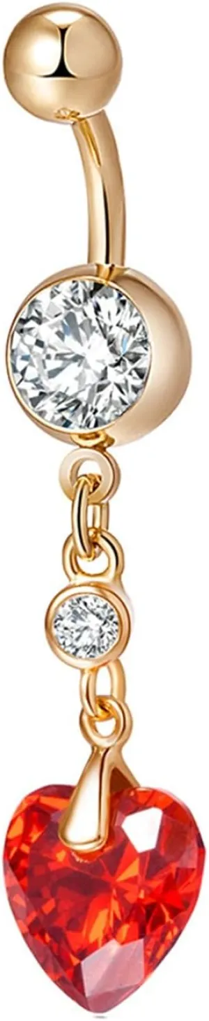 Belly Button Ring Non Tarnish, Surgical Stainless Steel Dangle Navel Rings Gold Heart with Cubic Zirconia