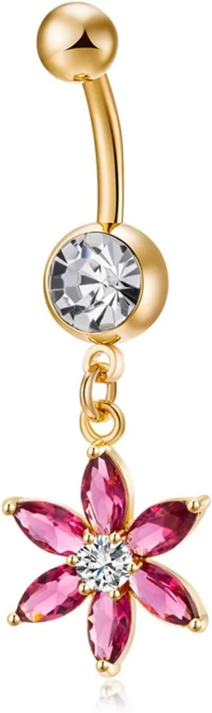 Belly Button Rings Dangling Surgical Steel, Body Piercing Rings for Women Flower Cubic Zirconia