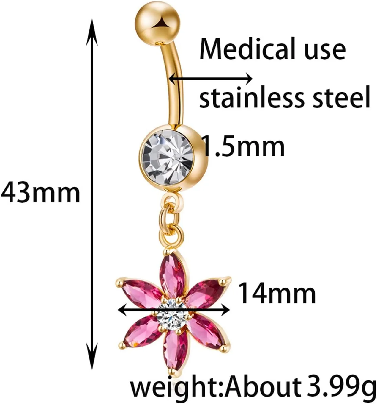 Belly Button Rings Dangling Surgical Steel, Body Piercing Rings for Women Flower Cubic Zirconia