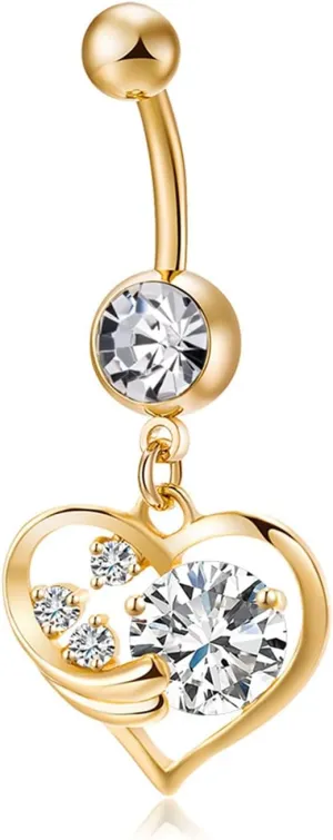 Belly Rings Dangling Surgical Steel, Navel Rings for Women Sexy Gold Hollow Heart with Cubic Zirconia