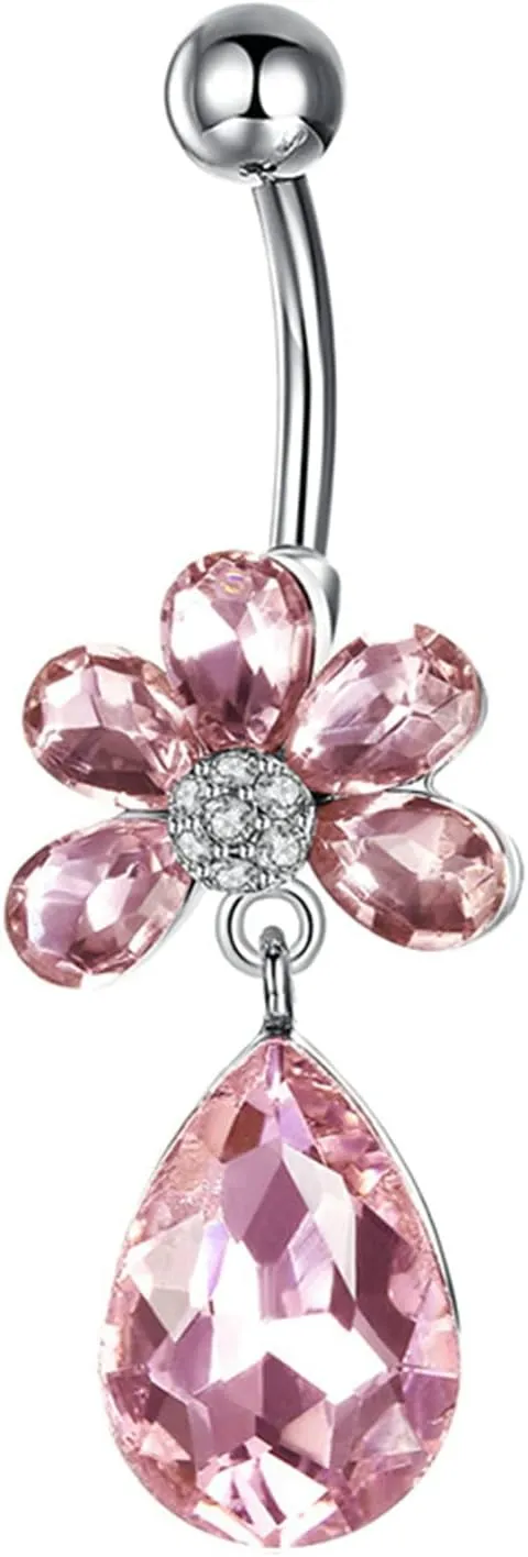 Belly Rings for Women Cheap, Navel Rings for Women Cute Flower and Teardrop with Cubic Zirconia