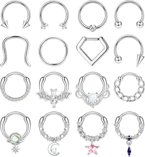 Besteel 16 Pcs Gold Septum Rings 16G Surgical Steel Nose Rings Hoops Small CZ Dangle Horseshoe Septum Clicker Piercing Jewelry Cute Lip Helix Daith Tragus Cartilage Earrings for Women Men 10MM