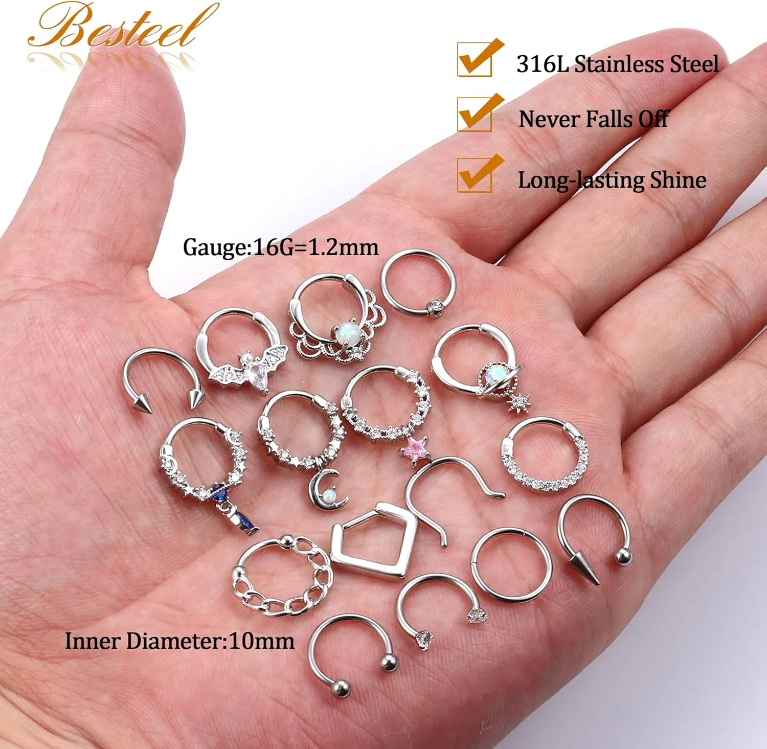 Besteel 16 Pcs Gold Septum Rings 16G Surgical Steel Nose Rings Hoops Small CZ Dangle Horseshoe Septum Clicker Piercing Jewelry Cute Lip Helix Daith Tragus Cartilage Earrings for Women Men 10MM
