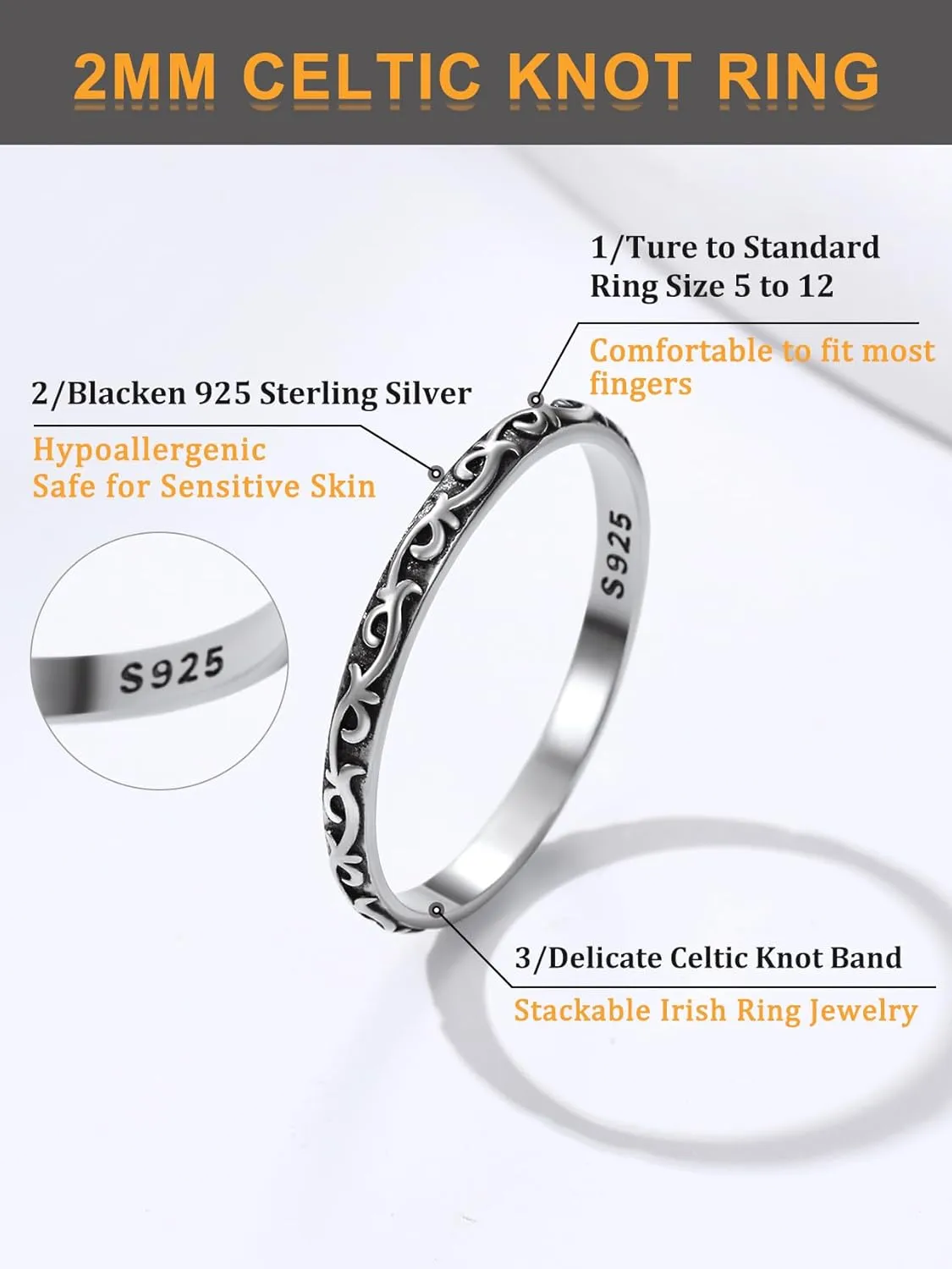 Bestyle Dainty Silver Celtic Knot/Evil Eye Ring - 2mm Slim Band Ring/ 3.5mm Spinning Rolling Ring, Thin Vintage Finger Thumb Ring for Women Girls, Gift Packaged