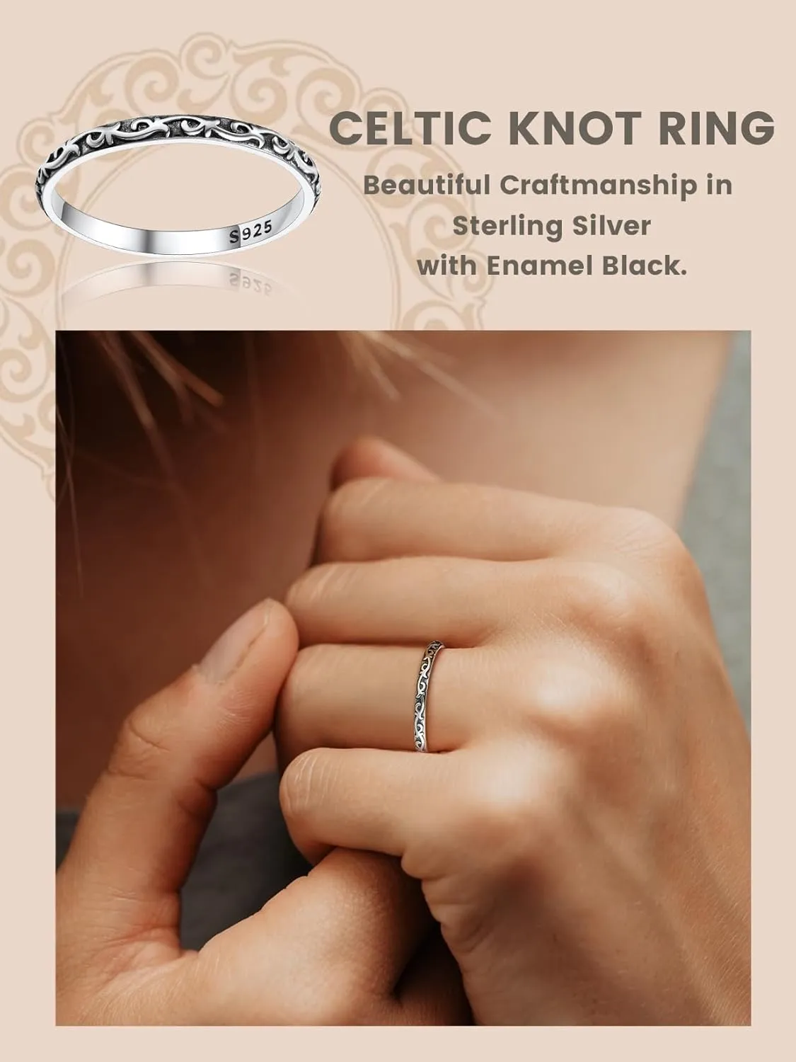 Bestyle Dainty Silver Celtic Knot/Evil Eye Ring - 2mm Slim Band Ring/ 3.5mm Spinning Rolling Ring, Thin Vintage Finger Thumb Ring for Women Girls, Gift Packaged