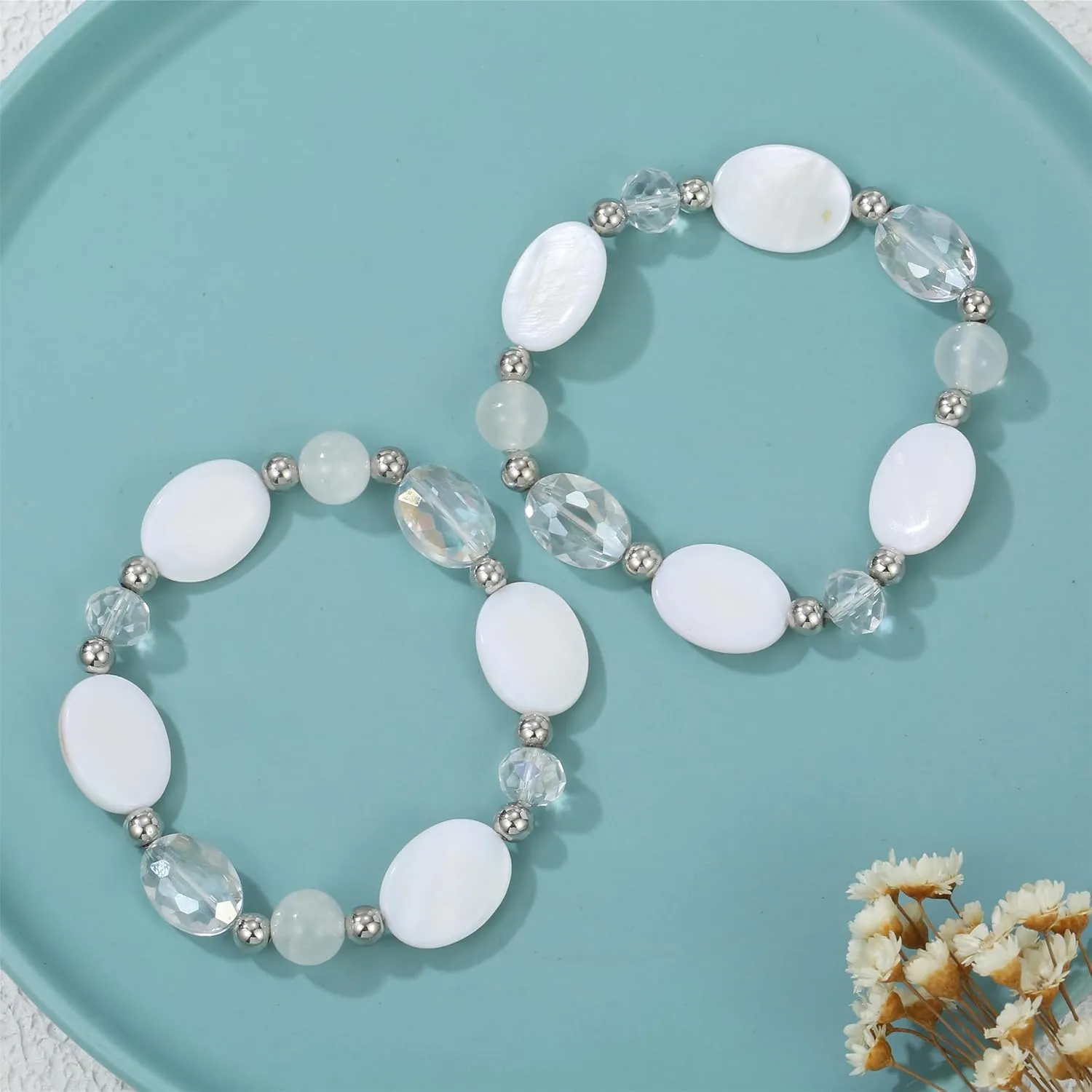 Big Beaded Bracelets for Women for women Multi Rows Boho Crystal Shell Beads Elastic Stretch Bracelets Trendy Fashion Jewelry