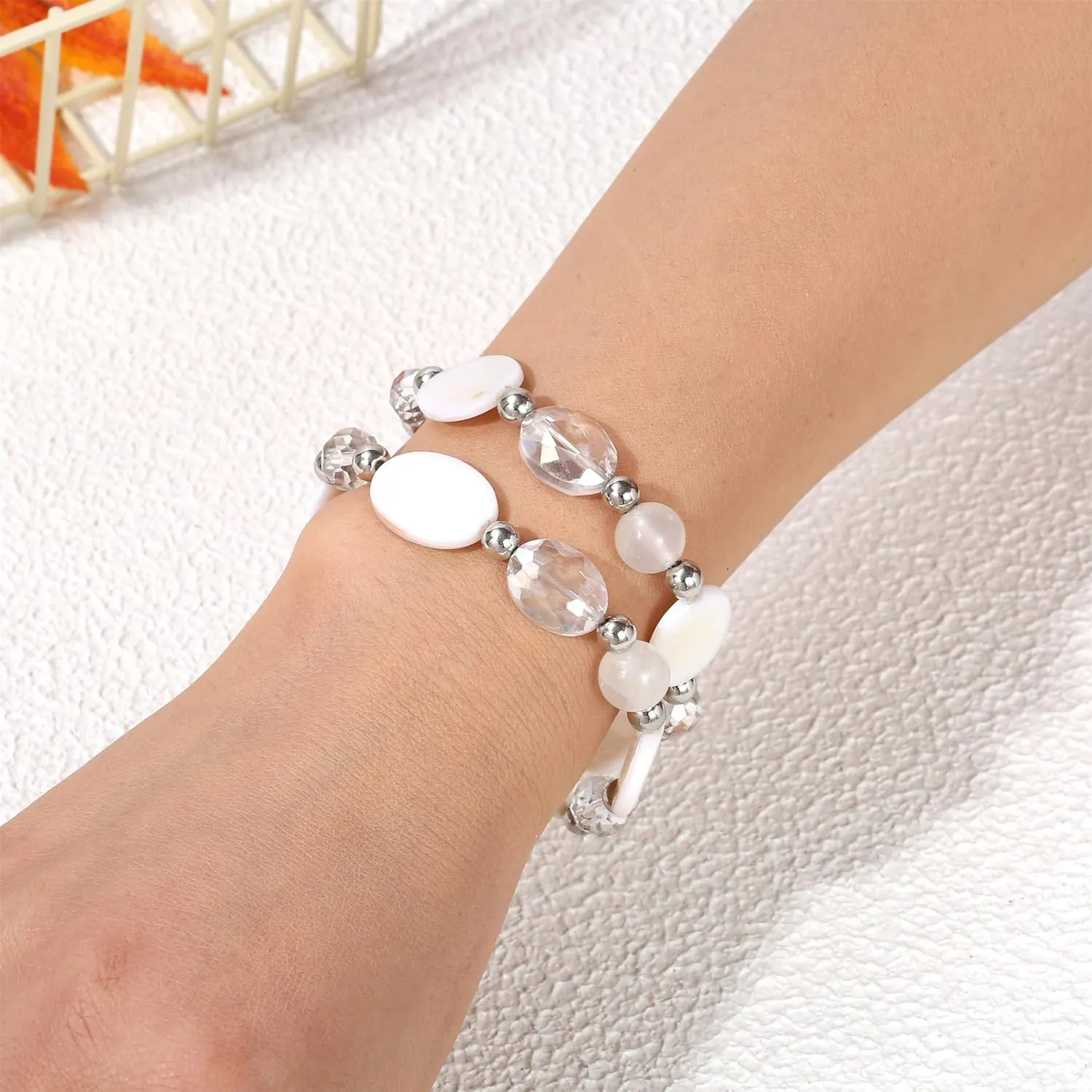 Big Beaded Bracelets for Women for women Multi Rows Boho Crystal Shell Beads Elastic Stretch Bracelets Trendy Fashion Jewelry