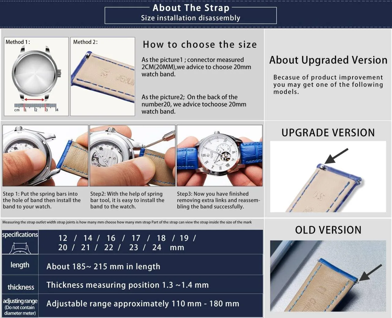 BINLUN Leather Watch Strap Quick Release Strap with Silver Butterfly Deployment Buckle 12mm 13mm 14mm 15mm 16mm 17mm 18mm 19mm 20mm 21mm 22mm 23mm 24mm Watch Band for Men Women