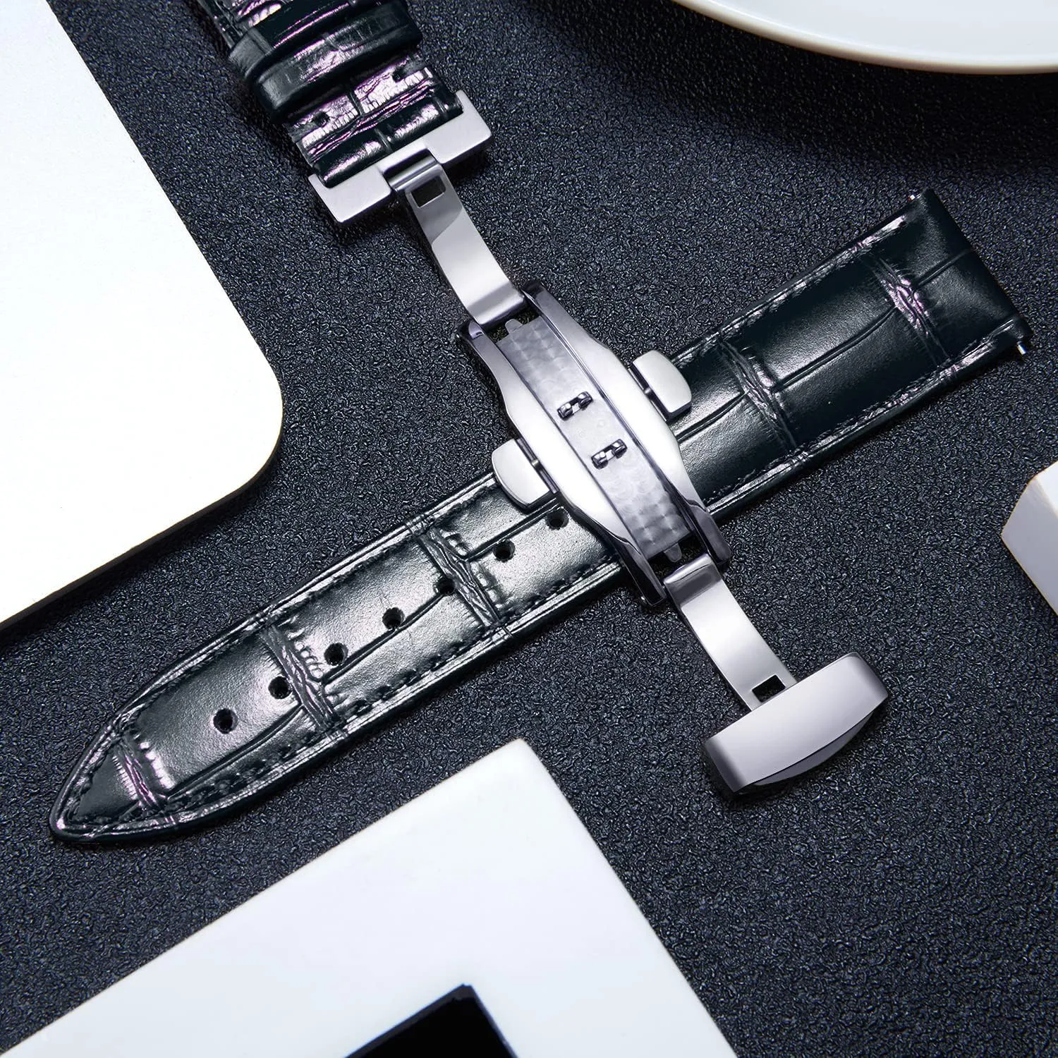 BINLUN Leather Watch Strap Quick Release Strap with Silver Butterfly Deployment Buckle 12mm 13mm 14mm 15mm 16mm 17mm 18mm 19mm 20mm 21mm 22mm 23mm 24mm Watch Band for Men Women