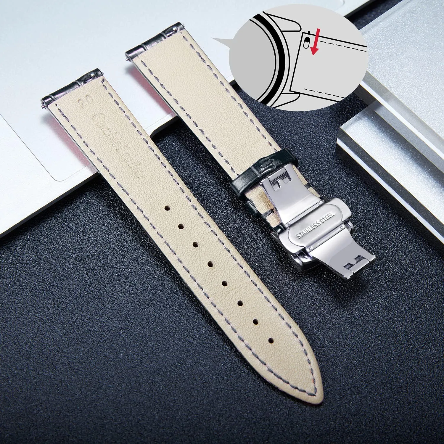 BINLUN Leather Watch Strap Quick Release Strap with Silver Butterfly Deployment Buckle 12mm 13mm 14mm 15mm 16mm 17mm 18mm 19mm 20mm 21mm 22mm 23mm 24mm Watch Band for Men Women