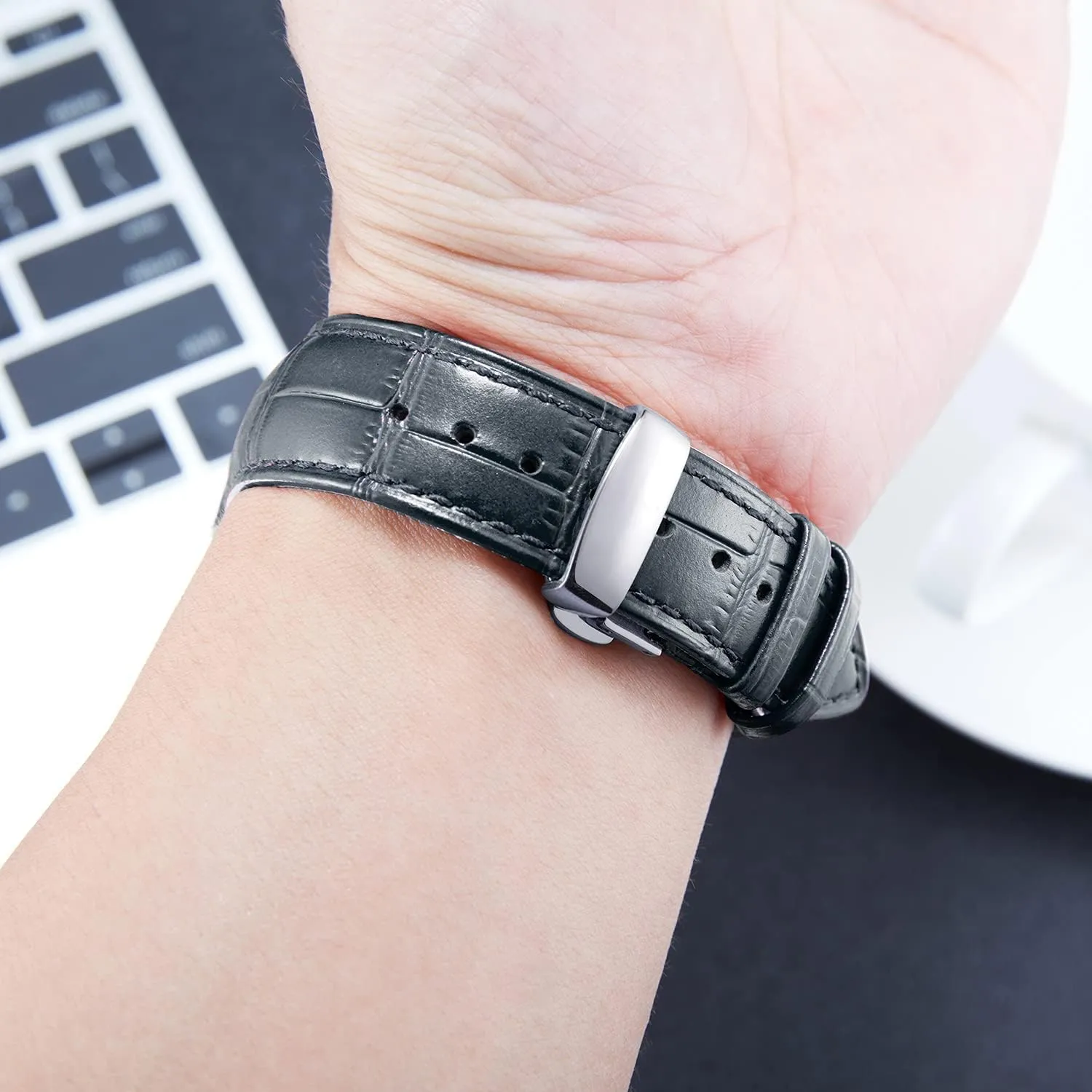 BINLUN Leather Watch Strap Quick Release Strap with Silver Butterfly Deployment Buckle 12mm 13mm 14mm 15mm 16mm 17mm 18mm 19mm 20mm 21mm 22mm 23mm 24mm Watch Band for Men Women