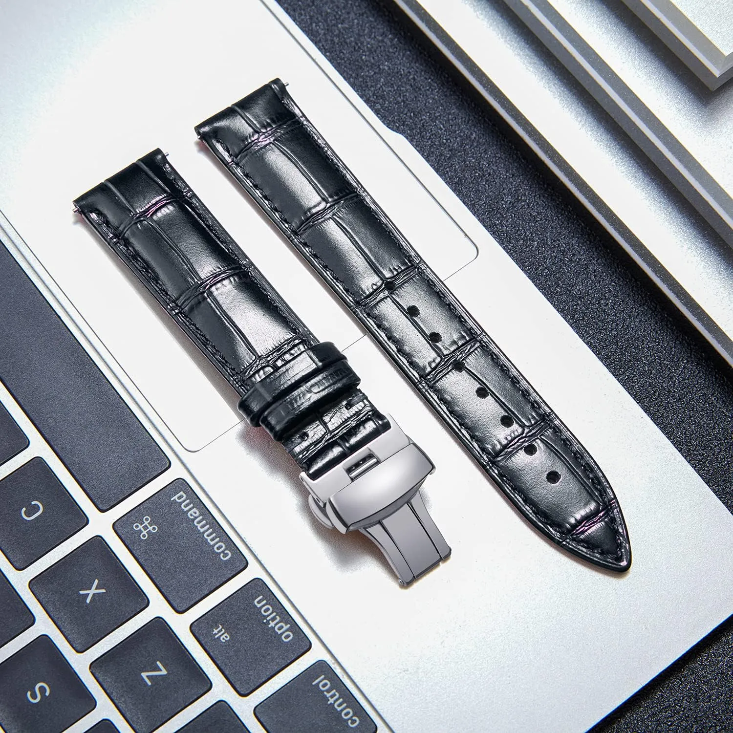 BINLUN Leather Watch Strap Quick Release Strap with Silver Butterfly Deployment Buckle 12mm 13mm 14mm 15mm 16mm 17mm 18mm 19mm 20mm 21mm 22mm 23mm 24mm Watch Band for Men Women