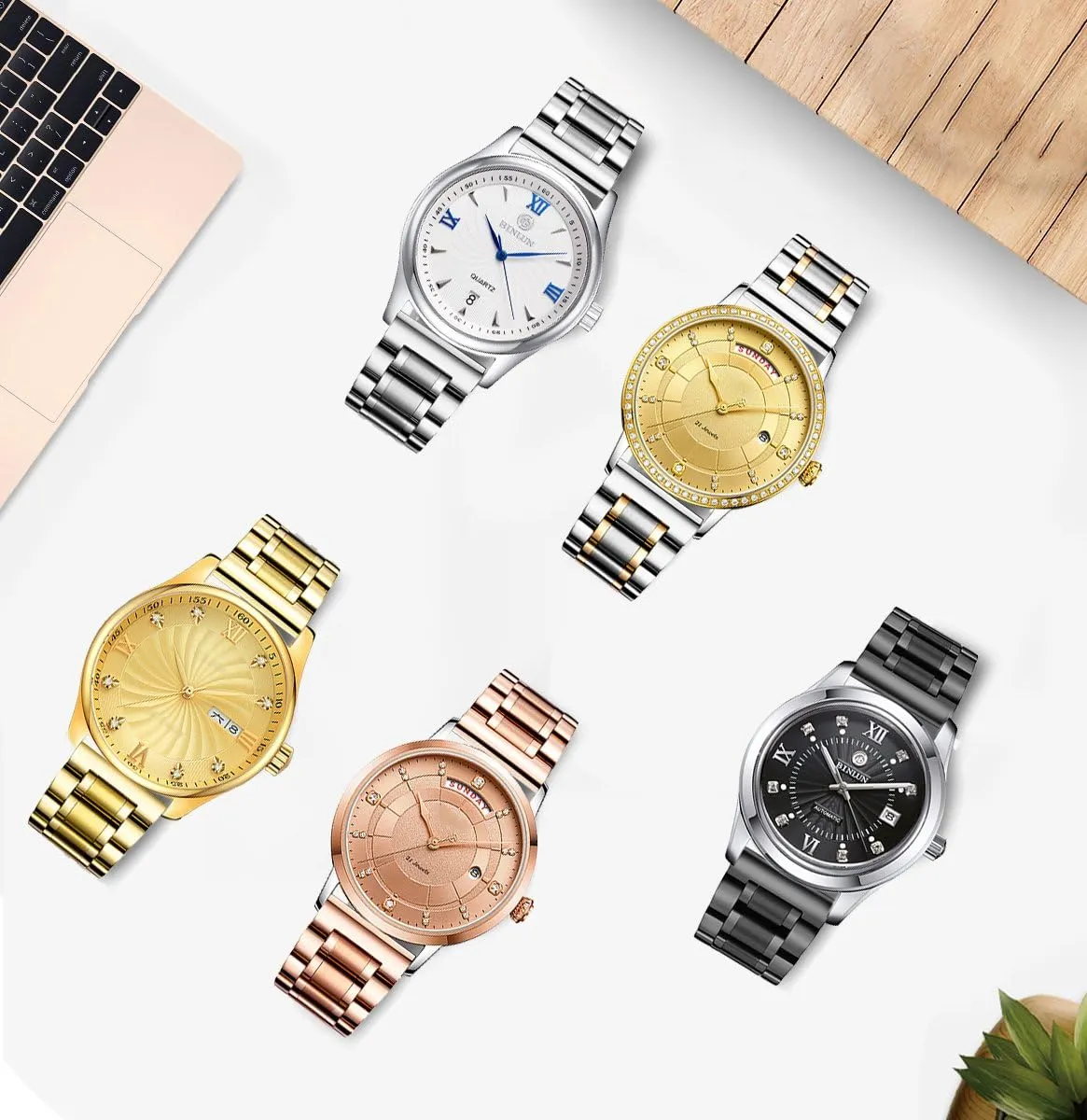 BINLUN Stainless Steel Watch Bands Quick Release 12mm-24mm Universal Metal Replacement Watch Straps SmartWatch Bracelets Links Straight & Curved Ends Men Women 6 Colors(Gold,22mm)
