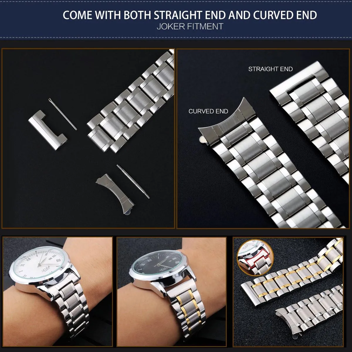 BINLUN Stainless Steel Watch Bands Quick Release 12mm-24mm Universal Metal Replacement Watch Straps SmartWatch Bracelets Links Straight & Curved Ends Men Women 6 Colors(Gold,22mm)