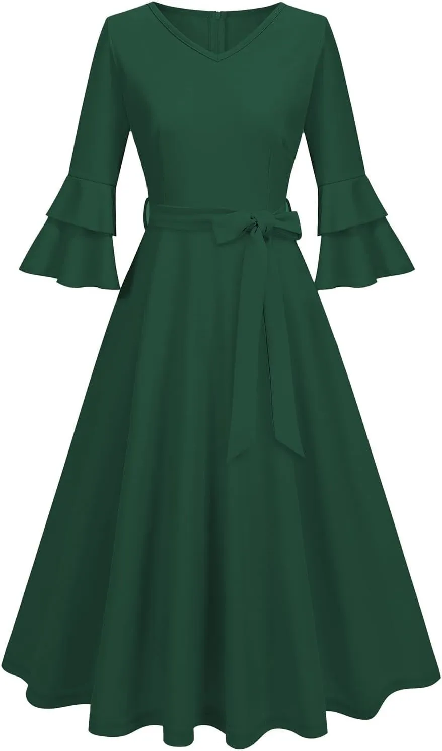 Binmer Women's V Neck Dresses Vintage 1950s Cocktail Party Dress 3/4 Ruffle Sleeves A Line Swing Midi Dress with Waist Belt
