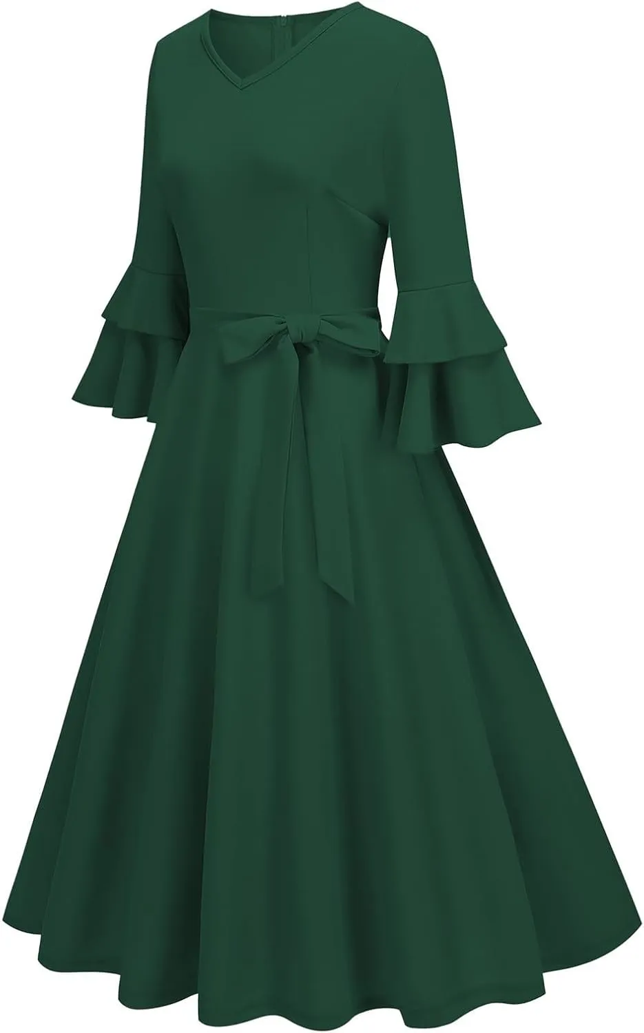 Binmer Women's V Neck Dresses Vintage 1950s Cocktail Party Dress 3/4 Ruffle Sleeves A Line Swing Midi Dress with Waist Belt