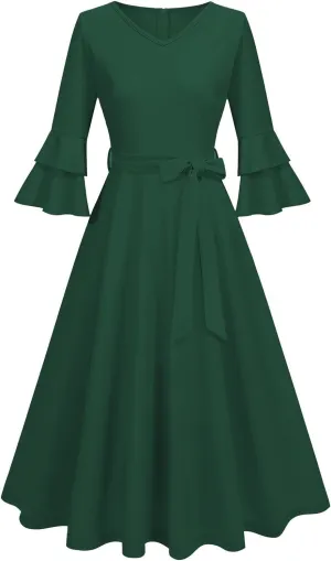 Binmer Women's V Neck Dresses Vintage 1950s Cocktail Party Dress 3/4 Ruffle Sleeves A Line Swing Midi Dress with Waist Belt