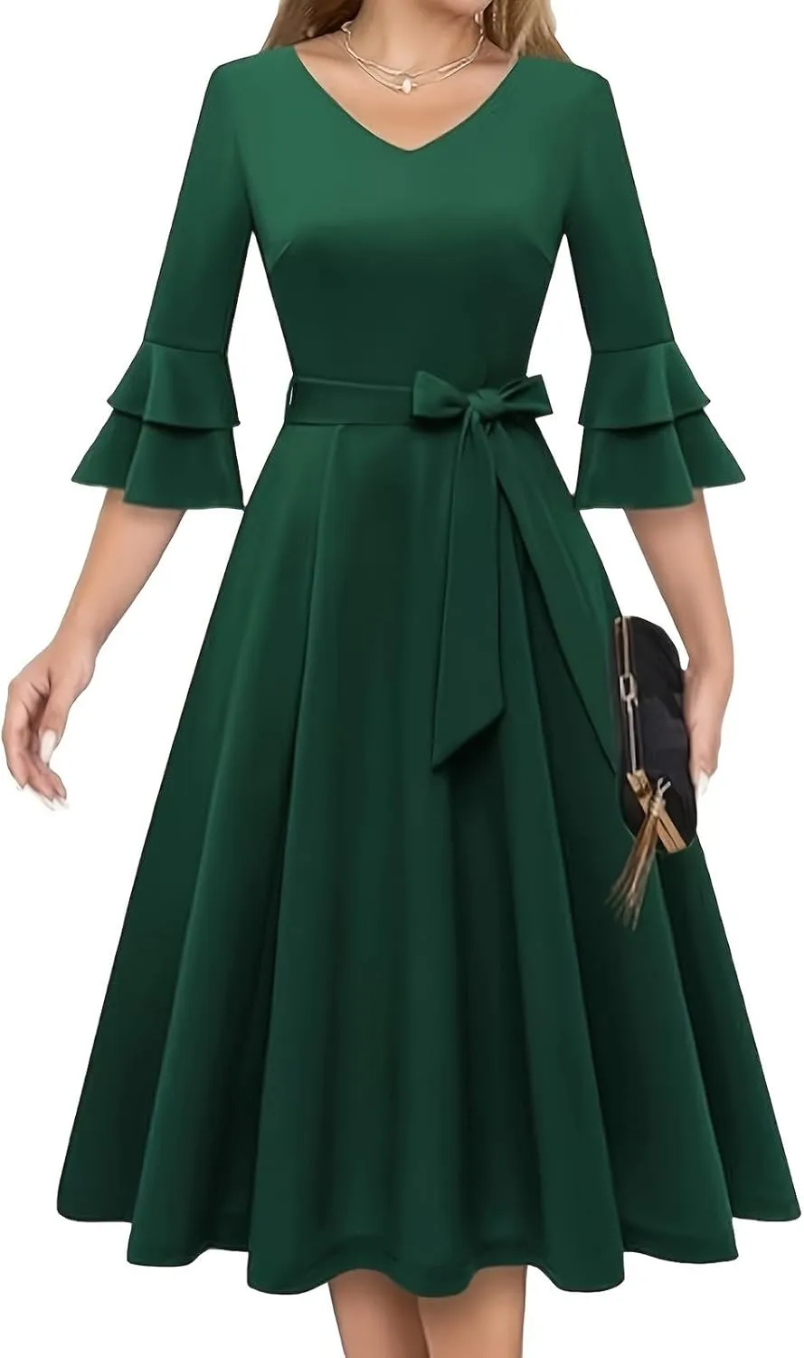 Binmer Women's V Neck Dresses Vintage 1950s Cocktail Party Dress 3/4 Ruffle Sleeves A Line Swing Midi Dress with Waist Belt