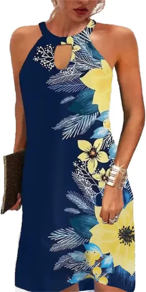 BIRW Women Summer Over The Knee Dress 2025 Casual Floral Halter Beach Vacation Sundresses with Pockets