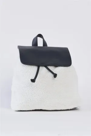 Black & White Flap Faux Fur Vegan Leather Draw String Tie Backpack /1 Bag