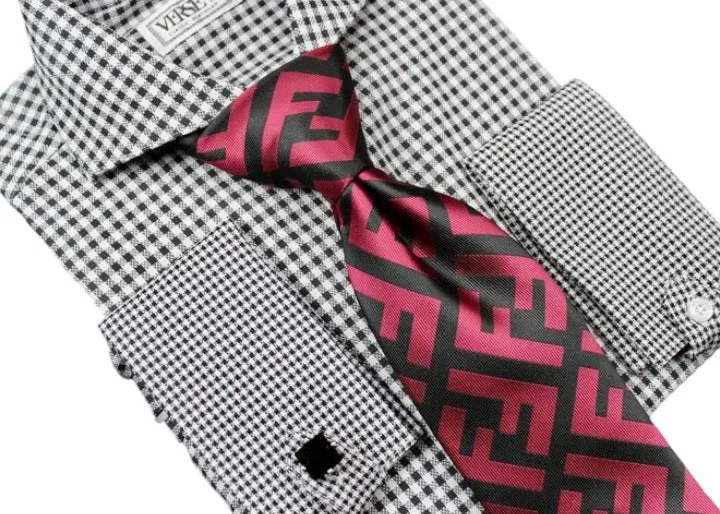 Black and Red FF Men's Fashion Design Luxury Necktie and Hanky Set