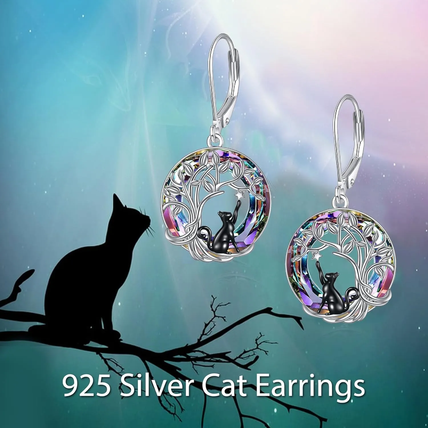 Black Cat Earrings Moon Cat Earrings for Women Sterling Silver Leverback Earrings Cat Jewelry Gifts Birthday Valentine's Day Earrings