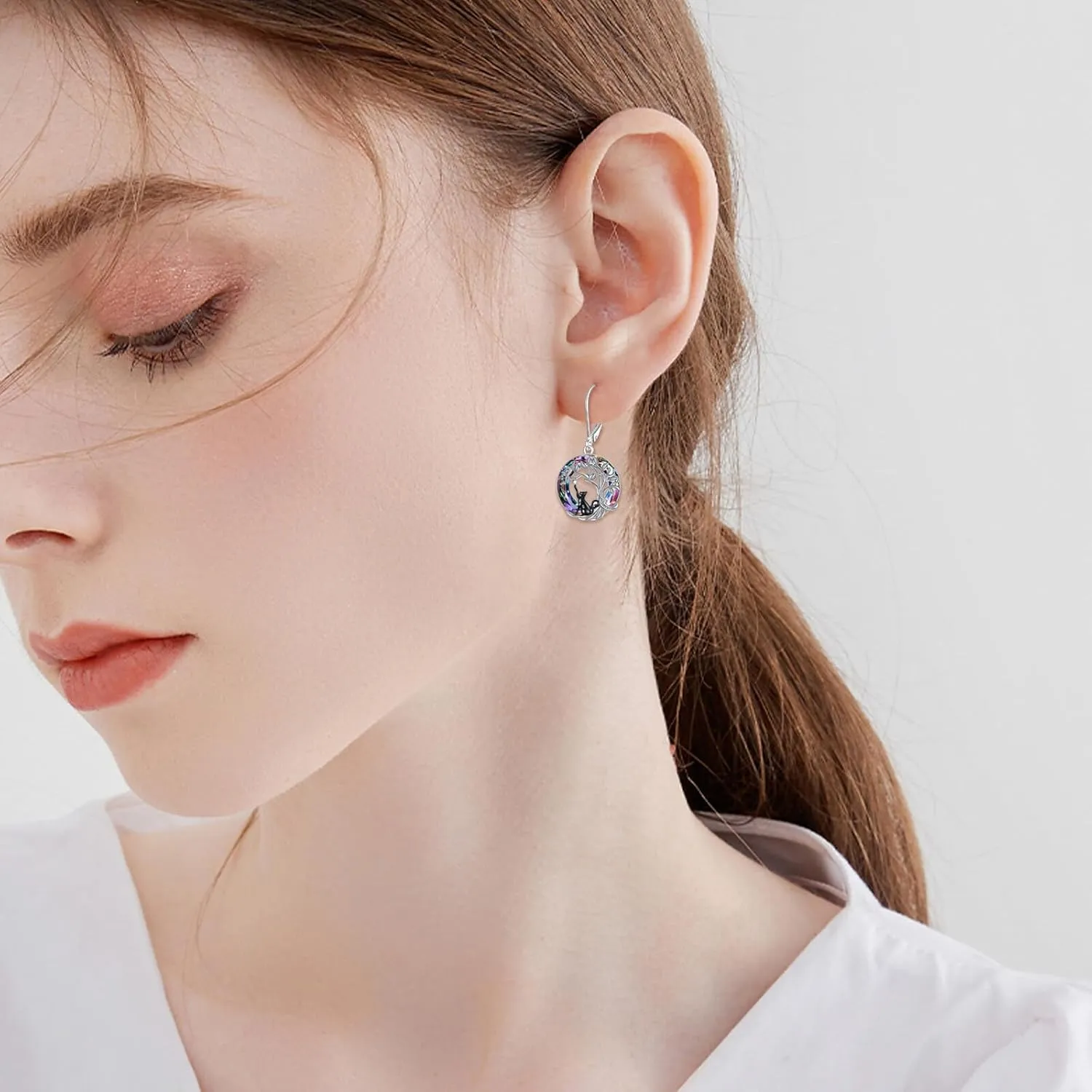 Black Cat Earrings Moon Cat Earrings for Women Sterling Silver Leverback Earrings Cat Jewelry Gifts Birthday Valentine's Day Earrings