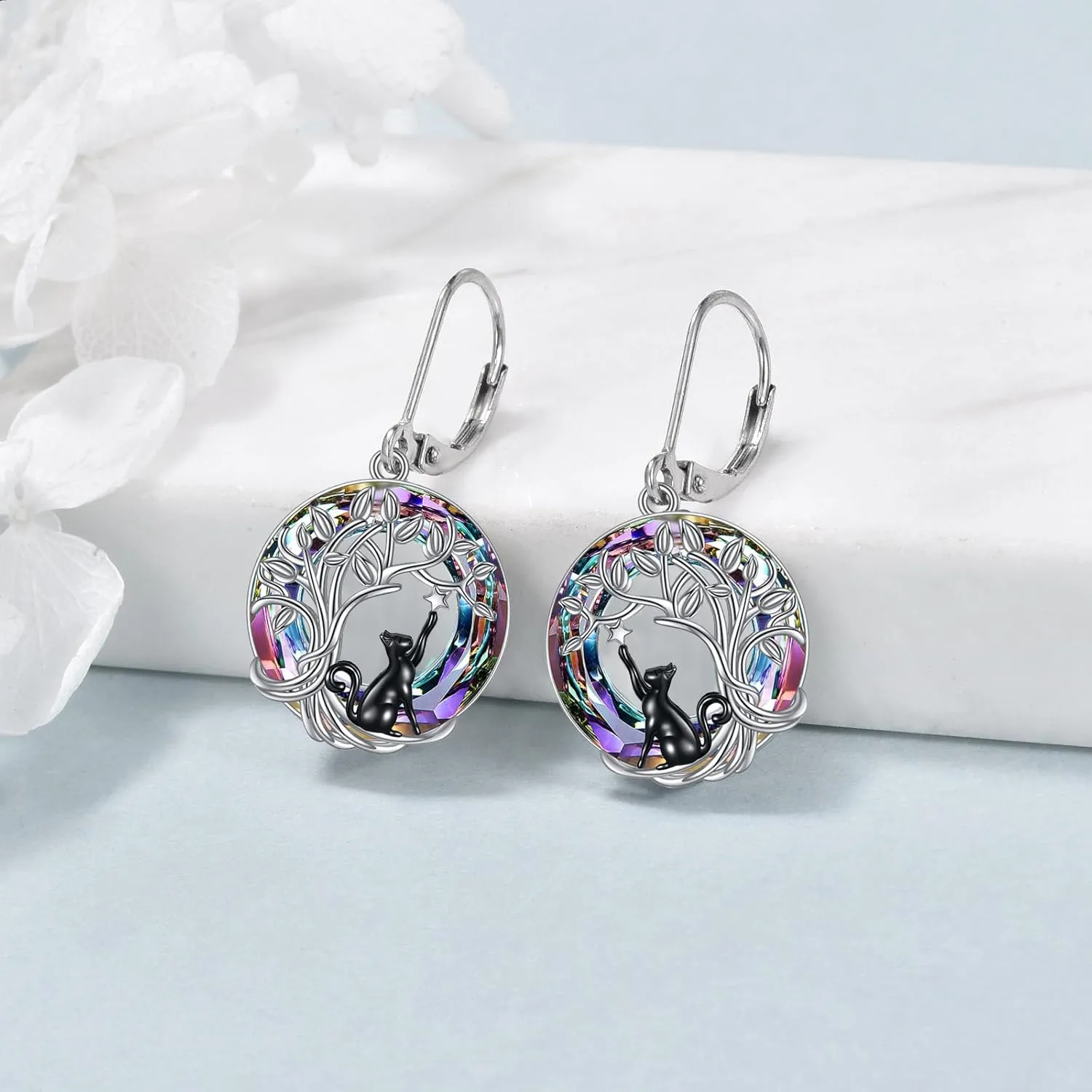 Black Cat Earrings Moon Cat Earrings for Women Sterling Silver Leverback Earrings Cat Jewelry Gifts Birthday Valentine's Day Earrings