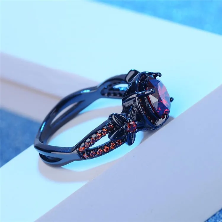 Black Gold Plated Antique Women's Flower Ring Retro Oxidized Finished Round Cut Created Garnet CZ Cubic Zirconia Filled Engagement Promise Wedding Vintage Band for Mom Lover 6#