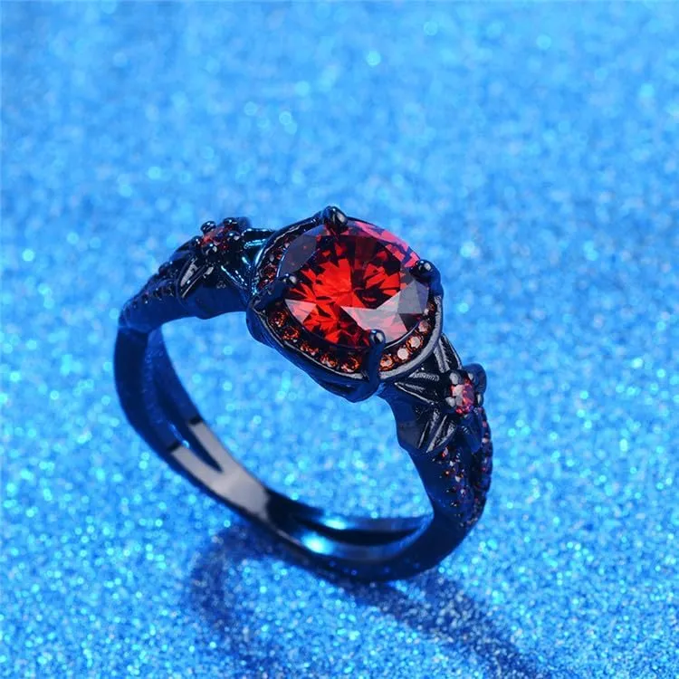 Black Gold Plated Antique Women's Flower Ring Retro Oxidized Finished Round Cut Created Garnet CZ Cubic Zirconia Filled Engagement Promise Wedding Vintage Band for Mom Lover 6#