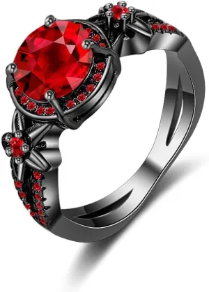 Black Gold Plated Antique Women's Flower Ring Retro Oxidized Finished Round Cut Created Garnet CZ Cubic Zirconia Filled Engagement Promise Wedding Vintage Band for Mom Lover 6#