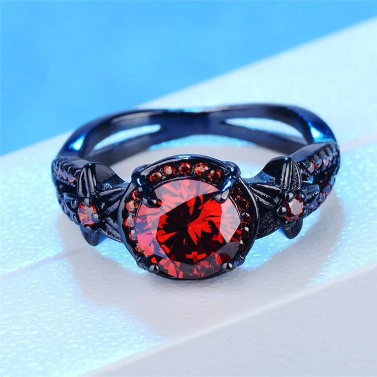 Black Gold Plated Antique Women's Flower Ring Retro Oxidized Finished Round Cut Created Garnet CZ Cubic Zirconia Filled Engagement Promise Wedding Vintage Band for Mom Lover 6#