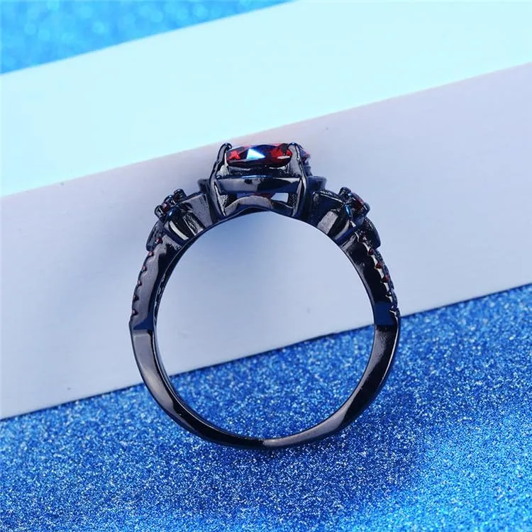 Black Gold Plated Antique Women's Flower Ring Retro Oxidized Finished Round Cut Created Garnet CZ Cubic Zirconia Filled Engagement Promise Wedding Vintage Band for Mom Lover 6#