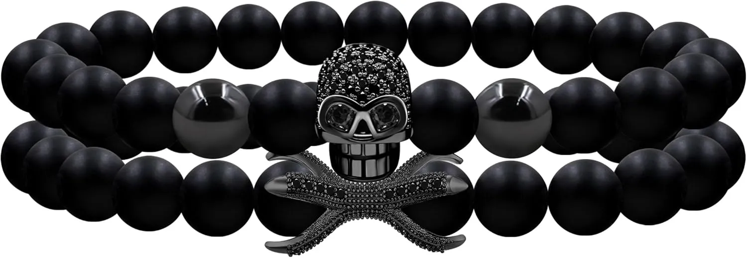 Black Onyx Round Bead Bracelet, Natural Energy Stone, Wear Skull Inlaid Zirconia, Bring You Good Luck, Best Wishes for Your Lover. Couple Bracelet, Gift of Eternal Love.