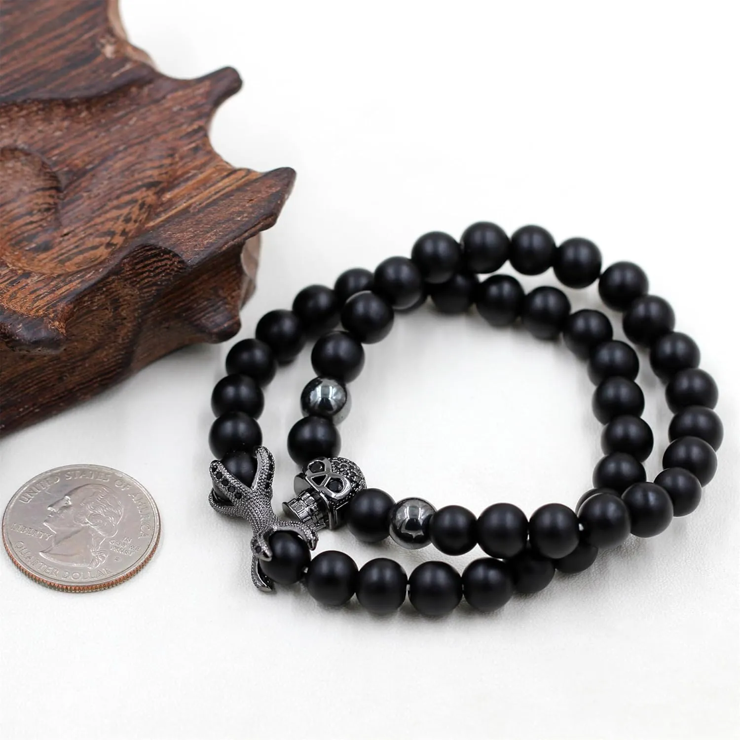 Black Onyx Round Bead Bracelet, Natural Energy Stone, Wear Skull Inlaid Zirconia, Bring You Good Luck, Best Wishes for Your Lover. Couple Bracelet, Gift of Eternal Love.